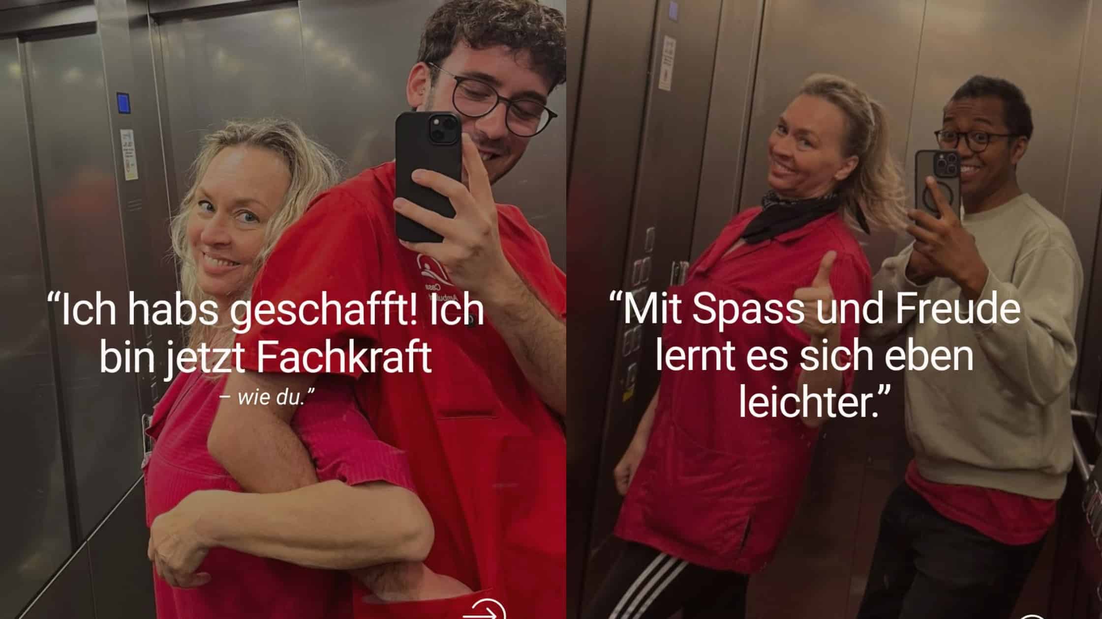 Eine Casa-Mitarbeiterin posiert auf Selfies mit Schülern, die die Ausbildung zur Pflegefachkraft machen.